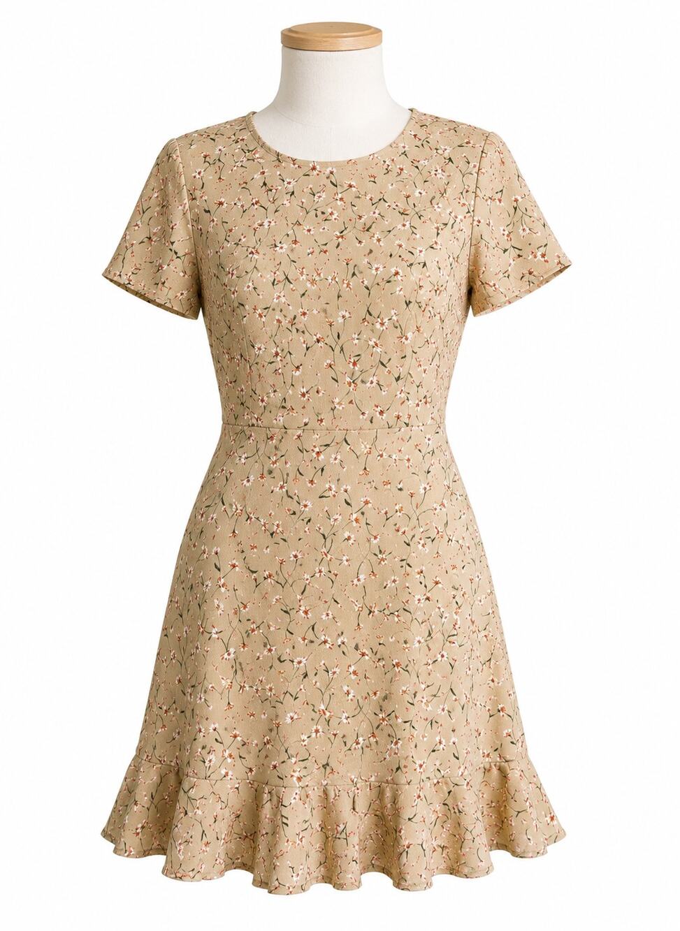 Leith Beige Floral Open Back Ruffle Hem Fit Flare Mini Dress - Size M